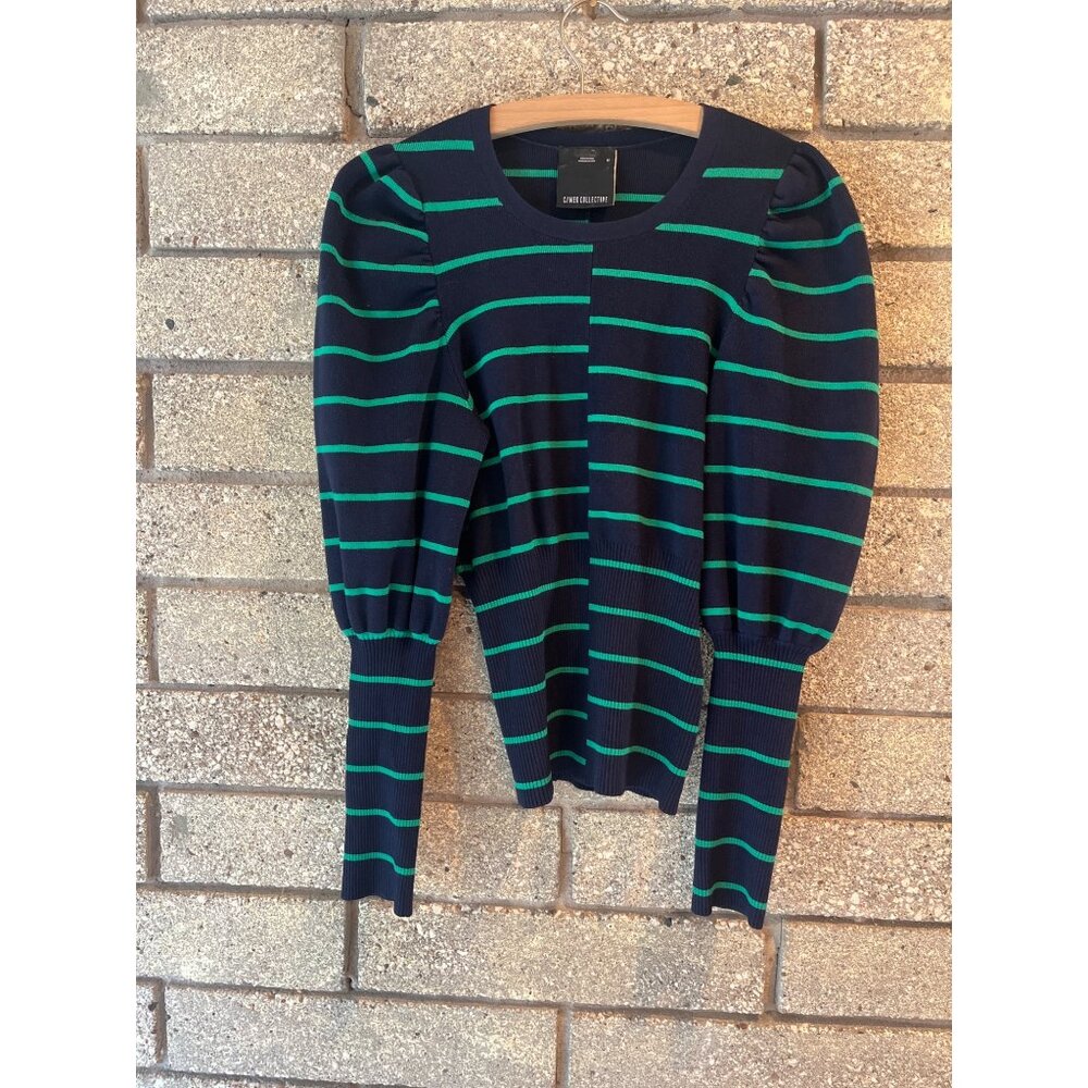 C/Meo Collective Striped Puff Sleeve Knit Sweater Navy & Green Womens M
